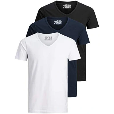 Obrázek Jack and Jones pánské tričko Basic výstřih do v balení 3 ks jednobarevné Slim Fit bílé černé modré šedé, Mix barev 2