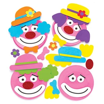 Obrázek Baker Ross Sada talířů pro kutily &quot;Clowns&quot; (4 kusy) děti s papírovým talířem a samolepicími díly z mechové pryže, tříděné
