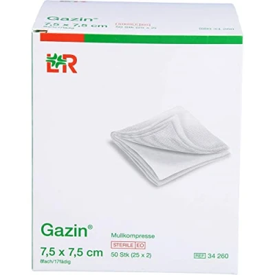 Obrázek Gazin Gázové komprese 75 cm x cm, sterilní, 8násobné 25x2 kusy, 150 g, bílé, 50 kusů