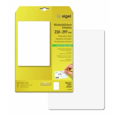 Obrázek SIGEL LA230 etikety samolepicí, lze potisknout, opět beze zbytku odstranitelné, bílé, 210 x 297 mm (A4), 25 etiket = listů, zaoblené