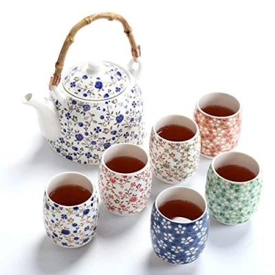 Obrázek fanquare Květina porcelán čajová sada s čajovou konvicí, vintage čínský keramický čajový servis ratanovou rukojetí