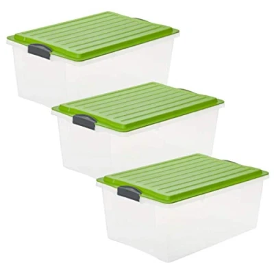 Obrázek Rotho Compact 3dílná sada na skladování 38l s víkem, plast, transparentní / zelená, 38 litrů A3 (57 x 40 25 cm)