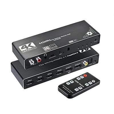Obrázek HDMI Switch 4x2 Splitter 4K@60Hz,HDMI 2.0 Schalter Remote 4 In 2 Out,HDMI Switcher Audio Extraktor Mit ARC &amp; IR Fernbedienung Für PS4 TV HDTV
