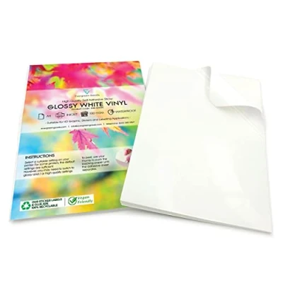 Obrázek Evergreen Goods 10 listů A4, lesklý, bílý PVC vinyl, nálepka, papír voděodolný pro inkoustové a laserové tiskárny tištěný vinylový papír, perfektní nálepky etikety