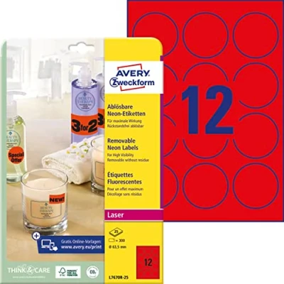 Obrázek Avery Zweckform L7670R pro 25 neonových etikety (A4, 300 ks, odstranitelné, Ø 63,5 mm) Folio Neonrot