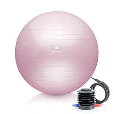 Obrázek BODYMATE Gymnastický míč na sezení tréninkový s e knihou zdarma včetně vzduchové pumpy, pro fitness, jógu, gymnastiku, Core trénink, silná záda jako kancelářská židle Princess PINK 55