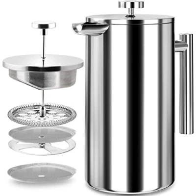 Obrázek KICHLY French Press Kaffeebereiter 34 Oz 1000 ml (4 Kaffeebecher / 8 Kaffeetassen) Kaffeemaschine mit dreifachem Edelstahlfilter &amp; isolierten Wänden Silber