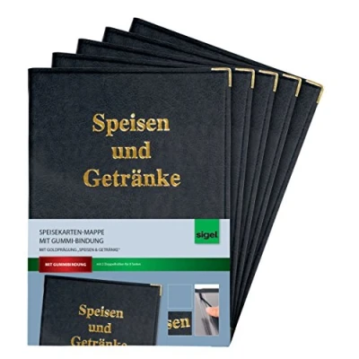 Obrázek SIGEL SM100/5 Desky na jídelní lístky A4, menu, balení po 5 kusech, s gumovou vazbou, černé se zlatou ražbou, odolné a snadno omyvatelné