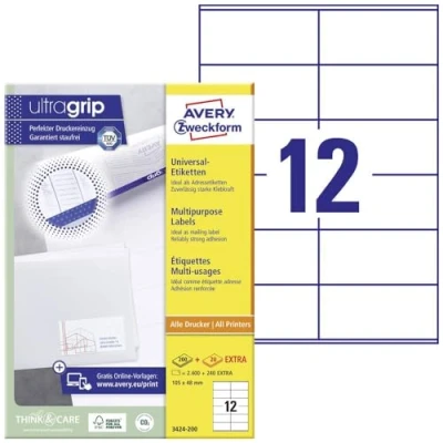 Obrázek AVERY Zweckform 3424 200 samolepek na adresu (2 400 plus 240 samolepicích etiket navíc, 105 x 48 mm A4, individuálně potiskovatelné etikety odesílatele, samolepicí adresní štítky s ultragrip) 220 listů, bílé