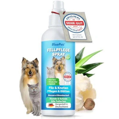 Obrázek BluePet Odplňovací sprej pro psy a kočky = jemné odstranění filcu I proti plsti na srst domácí zvířata Made in Germany Odplňovač &amp; vyhlazení + Aloe Vera, bambucké máslo jojobový