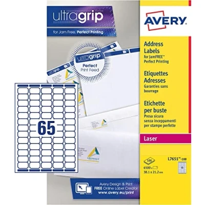 Obrázek AVERY 6500 adresních štítků, samolepicí, bílé, přizpůsobitelné, bez hromadění, formát 38,1 x 21,2 mm, laserový tisk