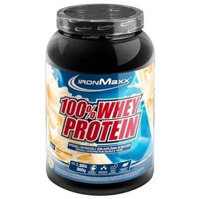 Obrázek IronMaxx 100% Whey Protein prášek plechovka francouzská vanilka 900 g redukce cukru, ve vodě rozpustný proteinový ze syrovátkového proteinu mnoho různých příchutí