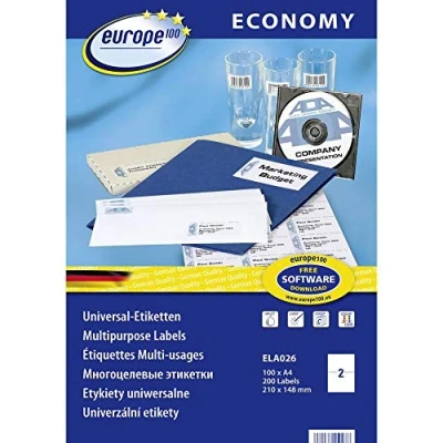 Obrázek Europe100 Art. ELA026 univerzální etikety (200 lepicích štítků, 210 x 148,5 mm na A4, papír matný, individuálně potištěné, samolepicí zásilkové nálepky, kompatibilní s AVERY 3655) 100 listů, bílé