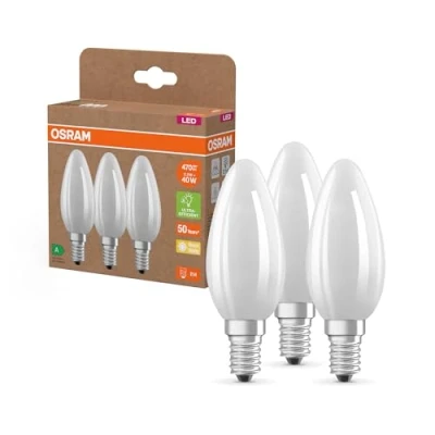 Obrázek OSRAM Vysoce účinné LED žárovky s energetickou účinností třída A, výhodné balení se 3 žárovkami, nahrazuje běžné 40W žárovky, tvar svíčky, teplá bílá (2700 K), E14, matné sklo