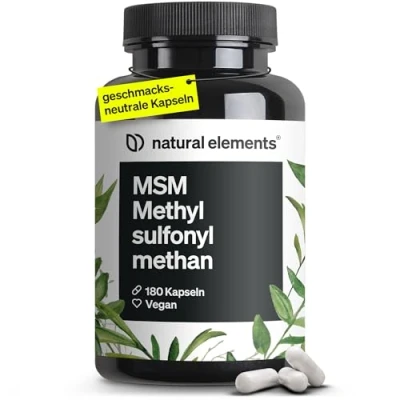 Obrázek MSM kapsle 180 veganských kapslí laboratorně testováno 1600 mg methylsulfonylmethanu (MSM) prášek v denní dávce bez stearátu hořečnatého, vysokých dávek a vyrobeno Německu
