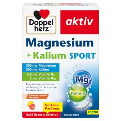 Obrázek Doppelherz hořčík + draslík SPORT a jako příspěvek k normální funkci svalů veganské 6 x 15 šumivých tablet s příchutí citronového grapefruitu