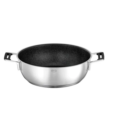 Obrázek RÖSLE Servírovací pánev SILENCE PRO, s prémiovým nepřilnavým povrchem ProResist, silikonové rukojeti, 28 cm, ušlechtilá ocel 18/10, vhodná na indukci, do myčky, stříbrná barva/černá