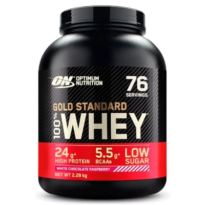 Obrázek Optimum Nutrition ON Gold Standard Whey Protein Powder, proteinový prášek pro budování svalů, přirozeně obsažený BCAA a glutamin, White Chocolate Raspberry, 73 porcí 2,27 kg, balení se může lišit