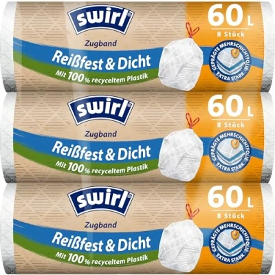 Obrázek Swirl Odolná proti roztržení a těsná taška na odpadky s páskem, 60 l, balení 3 ks 24 sáčky, extra silný, odolný odkapávání