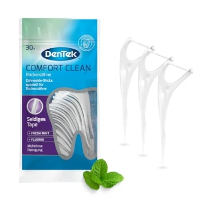 Obrázek 1 x 30 ks Dentek Comfort Clean zubní nitě tyčinky, speciálně pro molární zuby čištění zubů zadních mezizubních prostorů mátová příchuť fluorid párátka, kusů (1 balení)