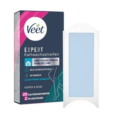 Obrázek Veet Expert studené voskové proužky na tělo a nohy pro odstranění chloupků všechny typy pleti vč. citlivé pokožky 10 dvojitých proužků = 20