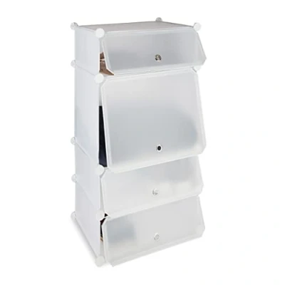 Obrázek Relaxdays, Bílý botník plast, regálový systém 4 přihrádky, zásuvný regál, s dvířky, pro 8 párů, V Š x H 91 49 36,5 cm, systém, 10024520_49, botníkový se přihrádkami