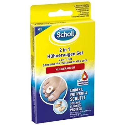 Obrázek Scholl 2v1 sada kuřích ok s 6 náplastmi na ochranu tlaku, náplasti z očí a 9 pěnovými proti tlaku 1