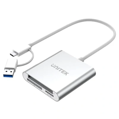 Obrázek UNITEK All in One čtečka karet USB 3.0 + C adaptér, 5 Gbps, 3 sloty pro SD/mini SD/micro SD(TF)/CompactFlash (CF)/MS Windows PC, Mac, notebook a TV, stříbrná, hliník