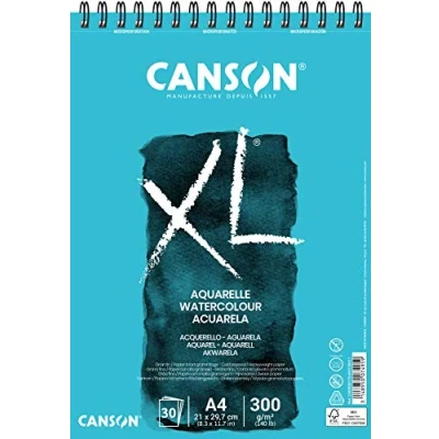 Obrázek CANSON XL akvarelový papír, jemný, 300 g/m², na krátké straně spirálově vázaný blok, DIN A4 21 x 29,7 cm, bílý, 30 listů