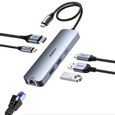 Obrázek BENFEI 6 v 1 USB C hub s HDMI 4k@60HZ/PD 100 W/ Gigabit Ethernet / 1*USB C+2*USB A datové porty 5 Gbps, Dock adaptér multiport Pro MacBook Pro/Air iPad iMac iPhone 15 Pro/Pro Max