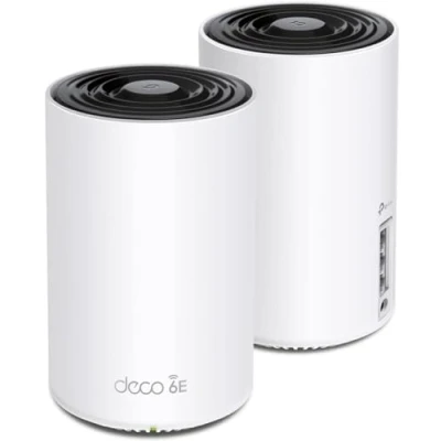 Obrázek TP Link Sada Deco XE75 Mesh WLAN (balení 2 ks), Wi Fi 6E AXE5400 Tri Band router a opakovač, 3x gigabitové porty pro každou jednotku, doporučeno domy se 3 5 ložnicemi, komplexní ochrana