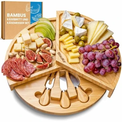 Obrázek Bambusová podložka na sýr s nožem sada 37 cm kulatý servírovací talíř ze dřeva a jedničky otočná deska prkénko otočný Cheese Board Charcuterie