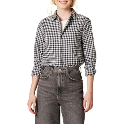 Obrázek Amazon Essentials Damen Klassisch geschnittenes Langarm Hemd aus Popeline mit Knopfleiste, Schwarz Weiß Vichy muster, L