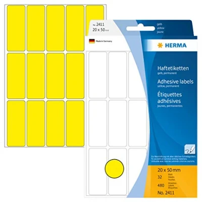 Obrázek HERMA 2411 víceúčelové etikety, 480 kusů, 20 x 50 mm, 15 na arch, samolepicí, štítky pro domácnost k popisování, matné, prázdné papírové lepicí žluté