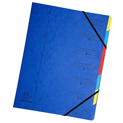 Obrázek Exacompta 54072E Premium pořadač sešitý Z extra silného kartonu Colorspan, DIN A4, 7 plnobarevných přihrádek a 2 gumičky s organizačním potiskem, kroužkový rejstříkem, modrý