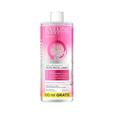 Obrázek Eveline Cosmetics Facemed+ Micelární voda s kyselinou hyaluronovou 3 v 1 hloubkové čištění a vlhkost, bez alkoholu, 500 ml