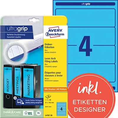 Obrázek AVERY Zweckform L4767 20 etikety na hřbety pořadačů (80 štítků hřbetu s ultra gripem, 61 x 192 mm A4, široké/krátké, samolepicí, absolutně neprůhledné, potiskovatelné pořadače)