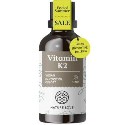 Obrázek NATURE LOVE® Vitamín K2 MK7 200µg 1700 kapek (50 ml) nejvyšší obsah všech trans 99,7+% kvalitní: K2VITAL® od firmy Kappa rozpuštěný v MCT kokosový olej vysoké dávkování, veganské a vyrobeno