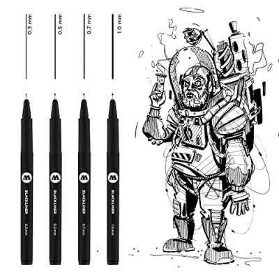 Obrázek Molotow Blackliner Set 2 (tloušťka linky 0,3 mm až 1,0 mm, fineliner s permanentním inkoustem pravým na dokumenty) 4 kusy černé
