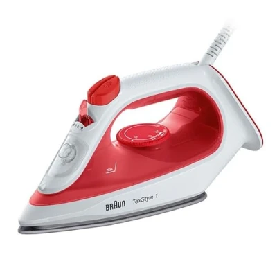 Obrázek Braun Napařovací žehlička TexStyle 1 SI1019RD, žehlička, žehlicí plocha s nepřilnavým povrchem, parní náraz 120 g/min, vhodná pro vodu z vodovodu, rychlé zahřátí (35 sek.), 220 ml, 1900 W, červená