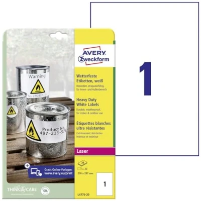 Obrázek AVERY Zweckform L4775 20 Fóliové etikety odolné proti povětrnostním vlivům (20 lepicích etiket, 210 x 297 mm na A4, extrémně silně samolepicí, voděodolné, odolné, potištěná venkovní lepicí fólie)