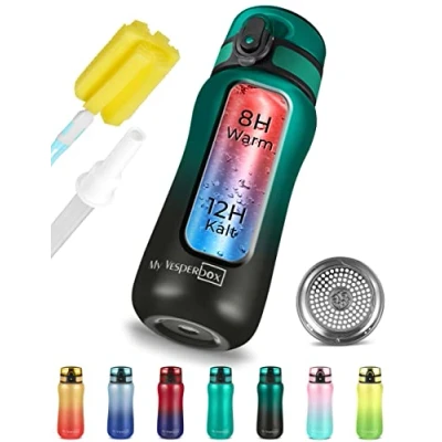 Obrázek My Vesperbox Thermo Minny Edelstahl Trinkflasche auslaufsicher mit Strohhalm oder Sieb 400ml, 600ml Robuste Wasserflasche für Kinder und Erwachsene (Grün Schwarz, 400 ml)