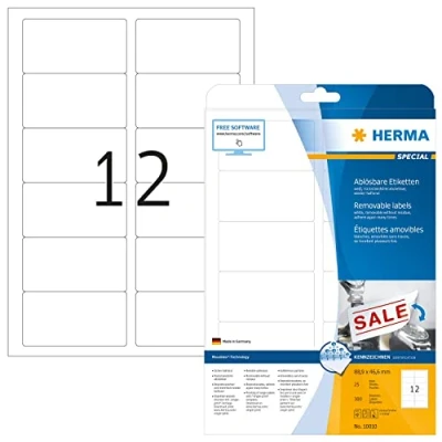 Obrázek HERMA 10010 Univerzální etikety odstranitelné, 25 listů, 88,9 x 46,6 mm, 12 archů A4, 300 kusů, samolepicí, potištěné, matné, prázdné papírové lepicí etikety, bílé