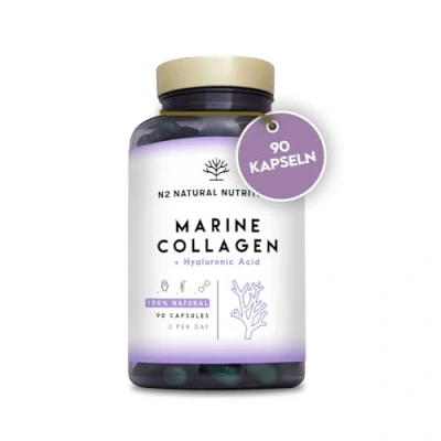Obrázek Kollagen Hochdosiert mit Vitamin C + Hyaluron Magnesium. 90 Kapseln. 45 Tage. Marine Collagen PEPTAN Hyaluronsäure für Haut, Haare und Gelenke. Glutenfrei. CE. N2 Natural Nutrition