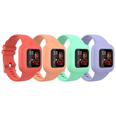 Obrázek TiMOVO Pásek Compatible with Garmin Vivofit jr 3, [4 balení] Soft Silicone Wristband, Adjustable Replacement Strap Accessories for Kids, fit Červená &amp; oranžová a světle zelená