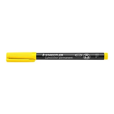 Obrázek STAEDTLER permanentní popisovač Lumocolor, žlutý, F špička šířka čar cca 0,6 mm, odolný proti rozmazání a vodě, Made in Germany, dlouhá životnost, 10 žlutých univerzálních tužek v kartonovém pouzdře,