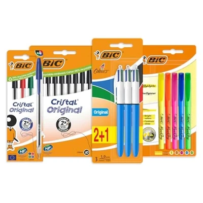 Obrázek BIC Sada tužek: Kuličkové pero a zvýrazňovače, 10x Cristal černá, 4 x barevný, 3 Colours 5 rozjasňovačů, ideální pro kancelář domácí