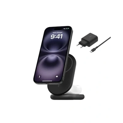 Obrázek Belkin Magnetická sklápěcí nabíječka BoostCharge 2 v 1 Qi2, kompatibilní s MagSafe 15 W, rychlonabíječka pro Apple iPhone 16/15/14/13/12, indukční nabíjecí stanice, včetně síťového zdroje černá