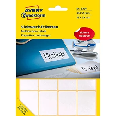 Obrázek Avery Zweckform 3326 etikety pro domácnost samolepicí (38 x 29 mm, 384 nálepek na 24 arších, univerzální domácnost, školu a kancelář k popsání označování) prázdné, bílé