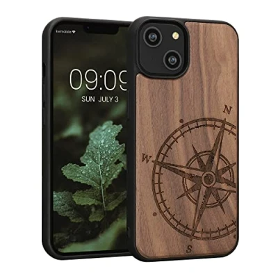 Obrázek kwmobile pouzdro kompatibilní s Apple iPhone 14 dřevěné na mobil TPU v tmavě hnědé kompas vintage